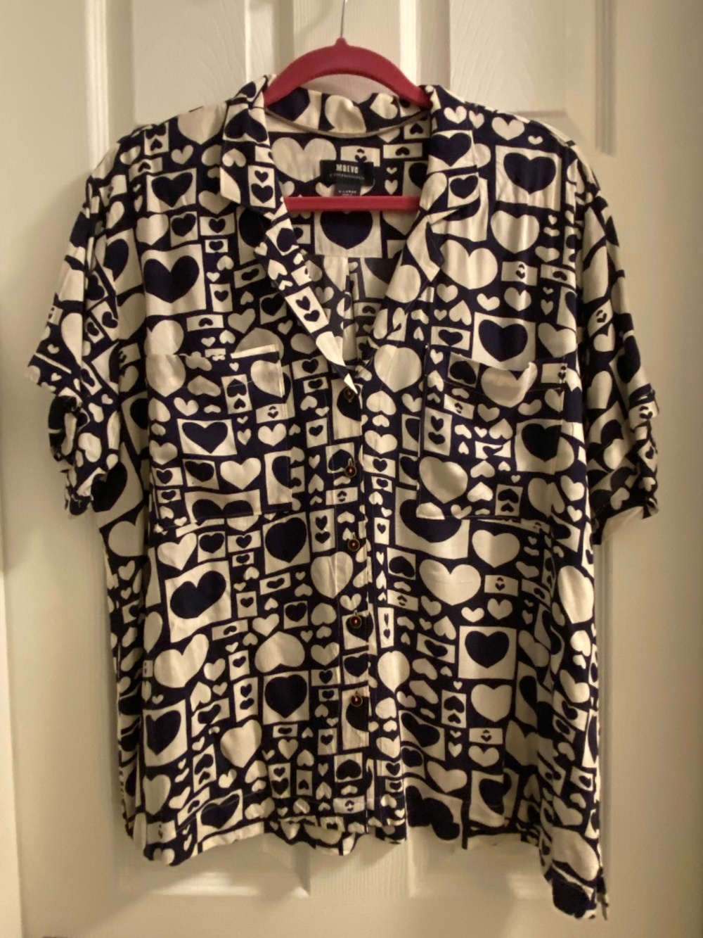 Anthropologie Maeve Heart Pattern Blouse-White & Navy Blue-XL